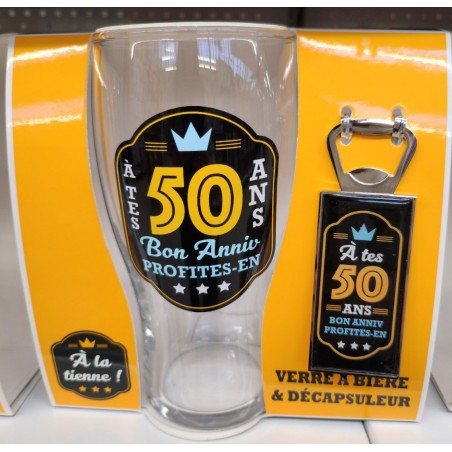 COFFRET VERRE A BIERE + DECAPSULEUR 50 ANS